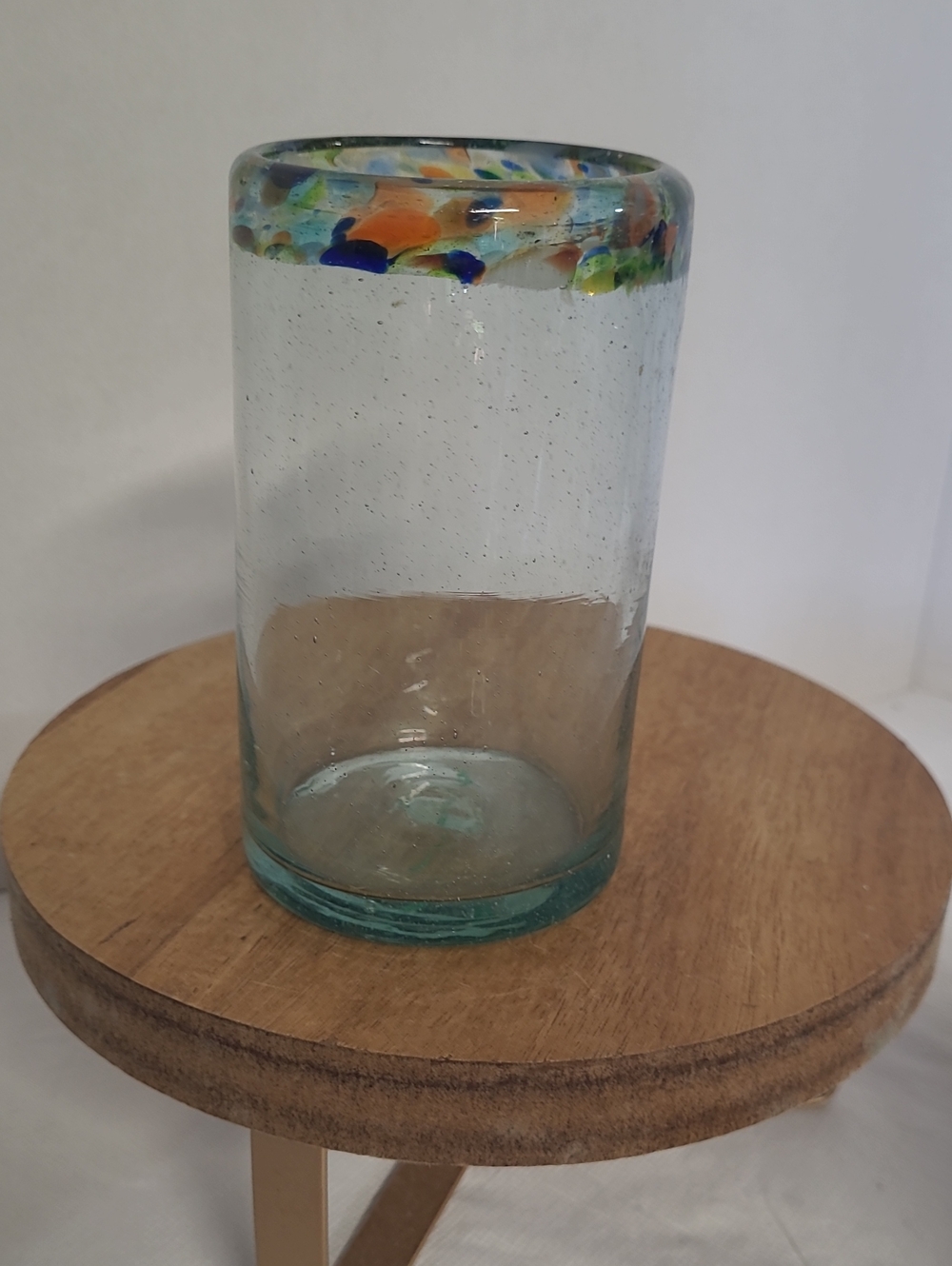 Vintage Handblown Mexican Glass Tumbler with Multicolor Rim